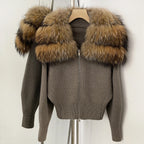 OFTBUY Women's Real Fox Raccoon Fur Collar Knit Zip Up Cardigan Ribbed Hem Warm Winter Sweater Jacket Female Luxury Outerwear