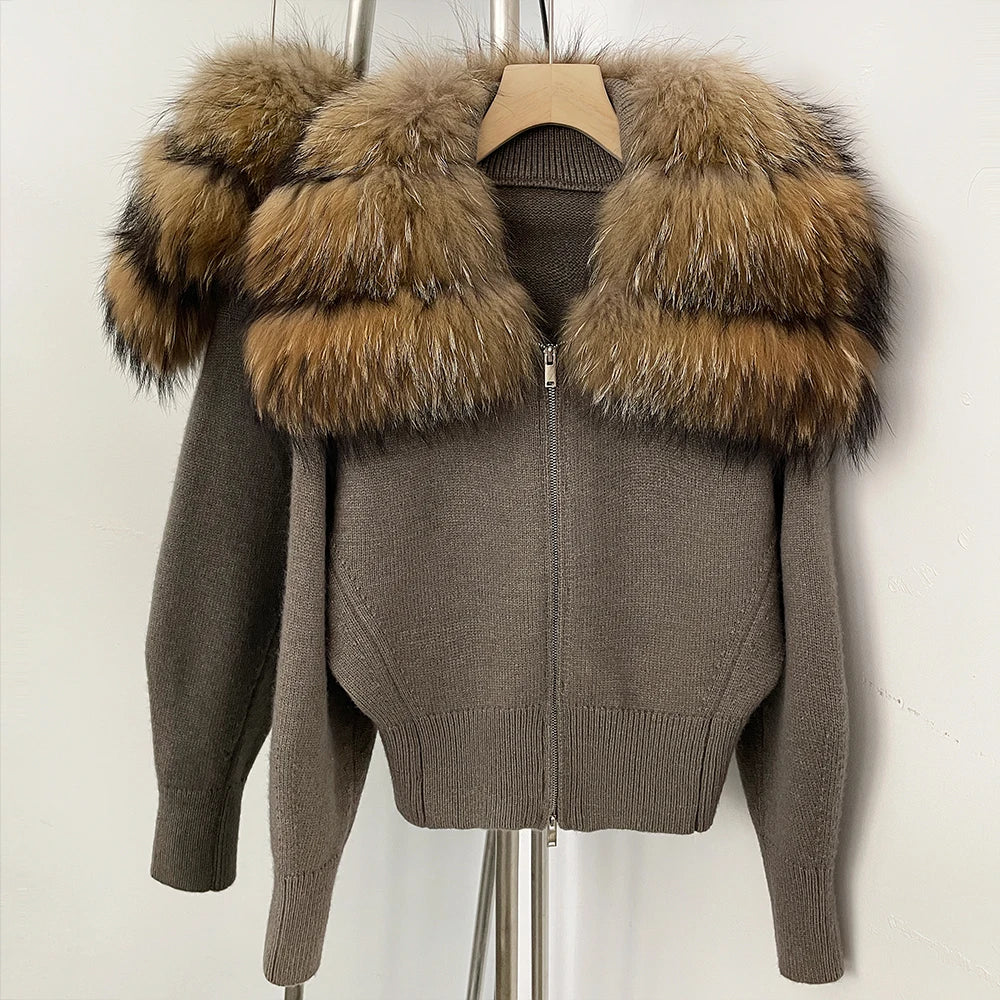 OFTBUY Women's Real Fox Raccoon Fur Collar Knit Zip Up Cardigan Ribbed Hem Warm Winter Sweater Jacket Female Luxury Outerwear