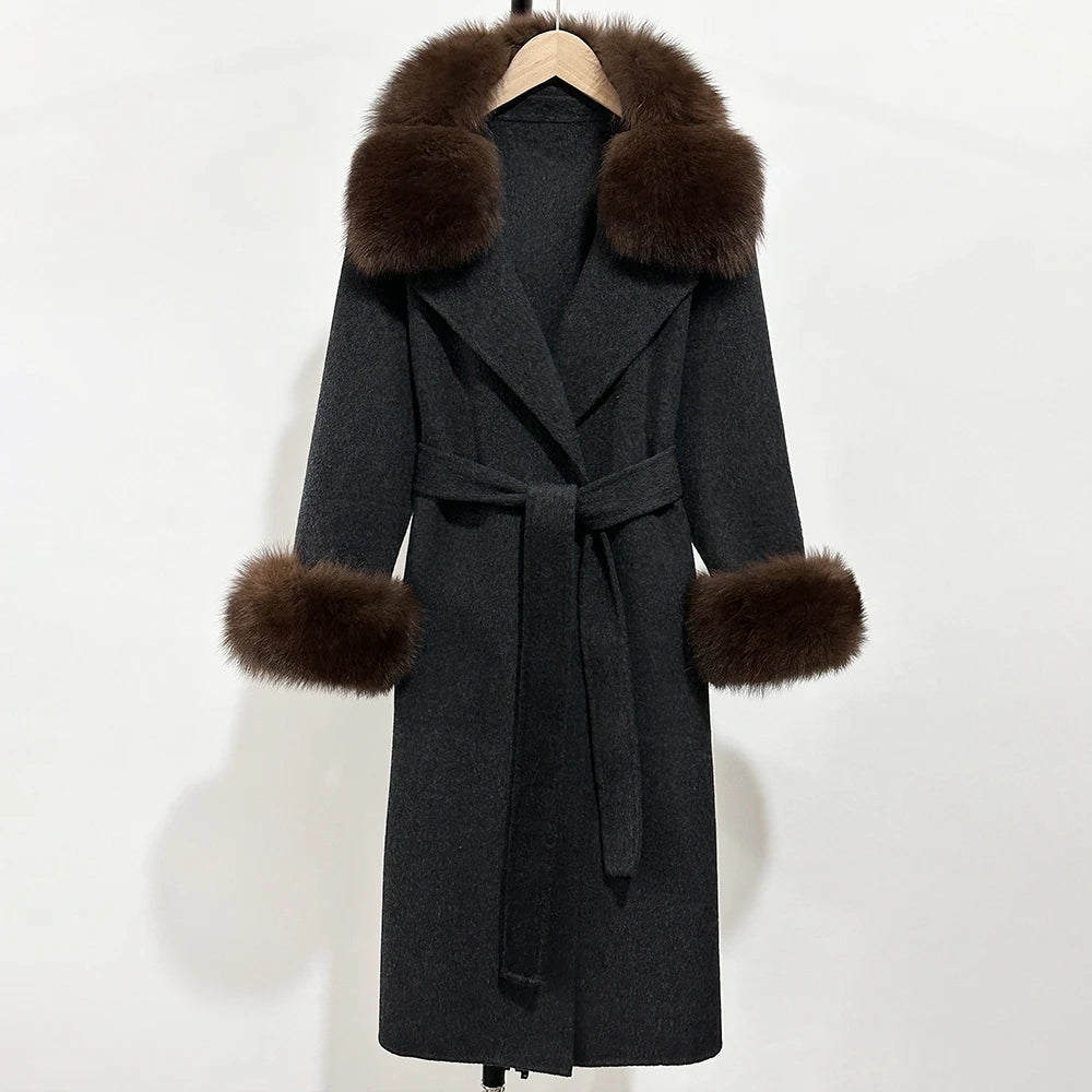 OFTBUY Belted Warm Winter Elegant Fashion Outerwear New Women's Double-Faced Wool Coat with Real Fox Fur Collar and Cuffs