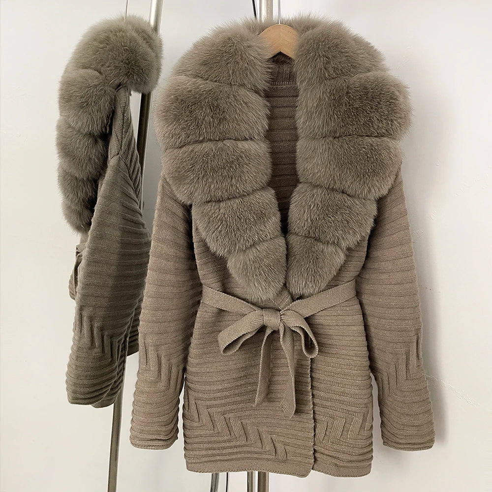 OFTBUY New Women's Knit Coat with Large Real Fox Fur Collar Belted Waist Striped Texture Pockets Winter Luxury Elegant Outerwear