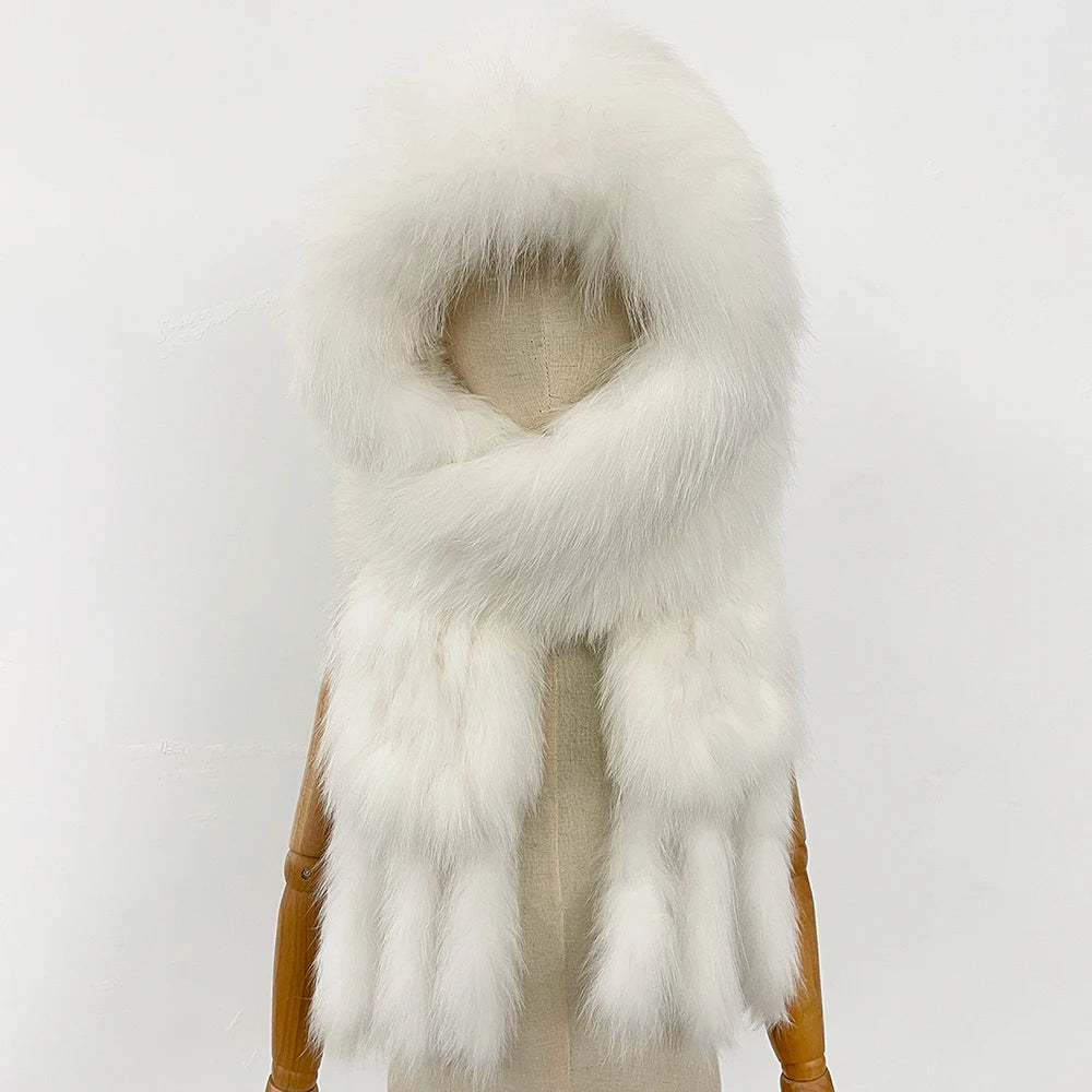 OFTBUY Hot Sales Fashion Fluffy White Natural Fox Fur Hat with Scarf Women Winter Female Thickened Warm Long Real Fur Cap Child