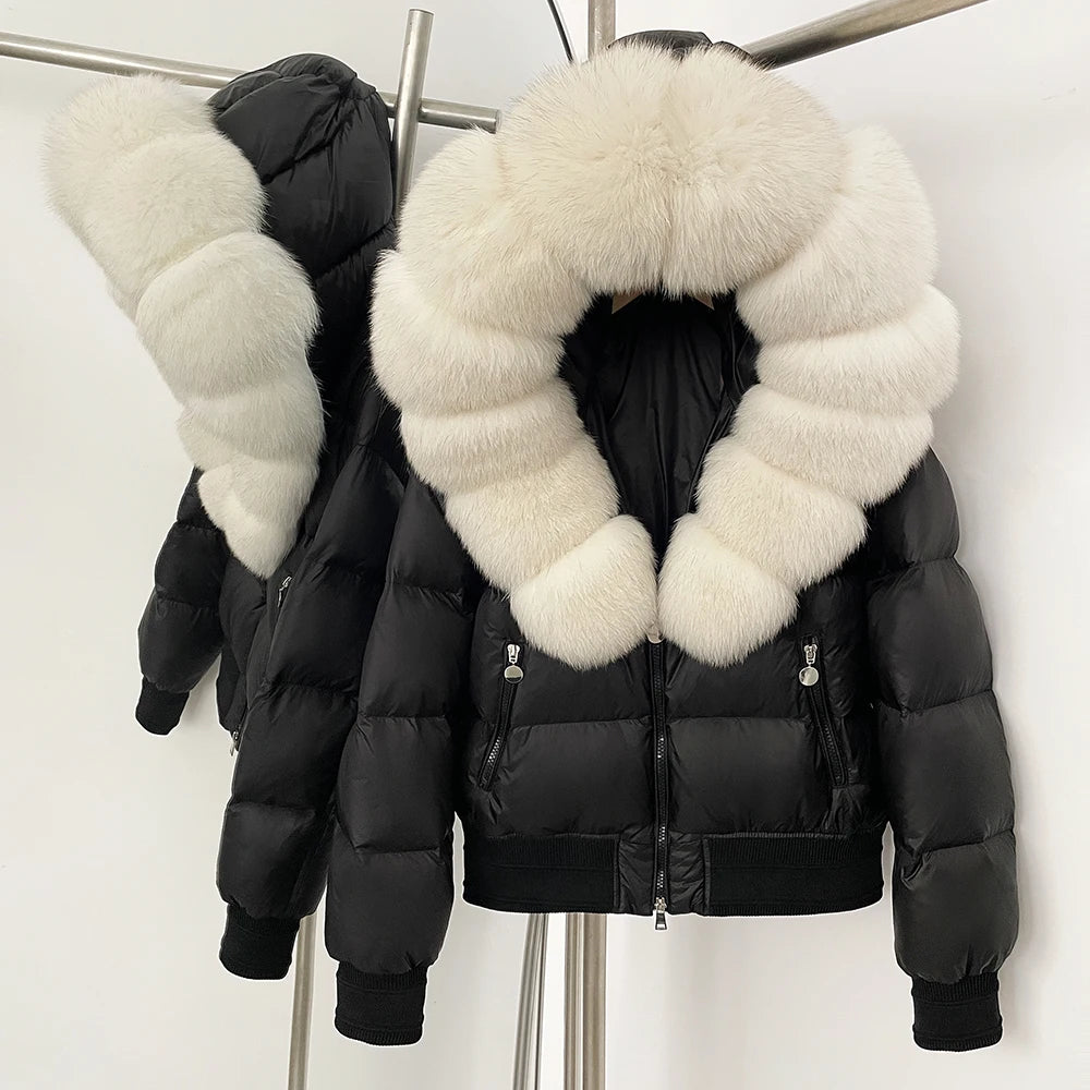 OFTBUY Hooded Thickened Warm Fluffy Puffer Jacket Women New Winter Real Fox Fur Top Clothing Natural Fur White Duck Down Coat