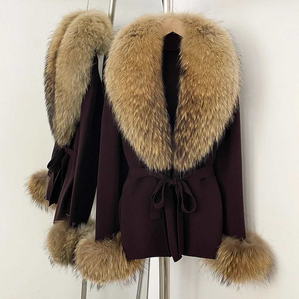 OFTBUY New Women's Knit Cardigan with Real Fox Fur Collar and Cuff Belt Luxury Coat Warm Autumn Fashion Outerwear Sweater Female