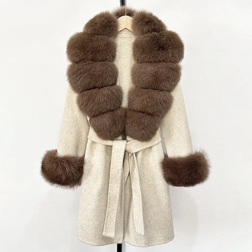 OFTBUY New Autumn Winter Top Clothes Women Belt Natural Fur Wool Coat Female Fashion Warm Woolen Jacket with Real Fox Fur Collar