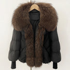 OFTBUY New Winter Large Real Raccoon Fur Puffer Coat Women Knit Sleeve White Duck Down Jacket Female Oversize Feather Down Parka