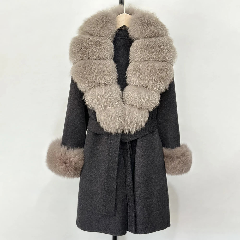 OFTBUY New Autumn Winter Top Clothes Women Belt Natural Fur Wool Coat Female Fashion Warm Woolen Jacket with Real Fox Fur Collar