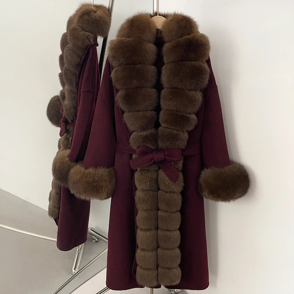 OFTBUY Long Big Fox Fur Pinnacle 100% Wool Coat Female New Autumn Winter Clothes Women Belt Natural Fur Collar Woolen Jacket
