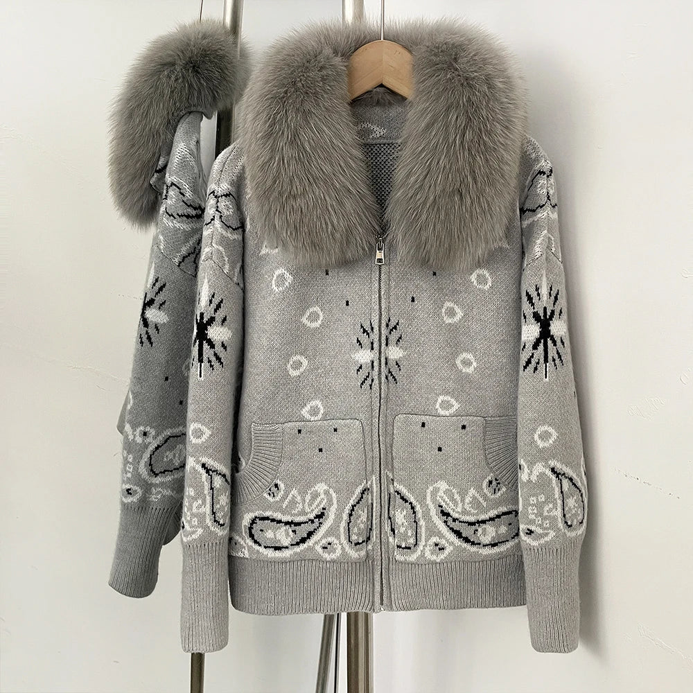 OFTBUY Women's Vintage Real Fox Fur Collar Knit Cardigan Paisley Print Zip Up Sweater Jacket Female Warm Winter Luxury Outerwear