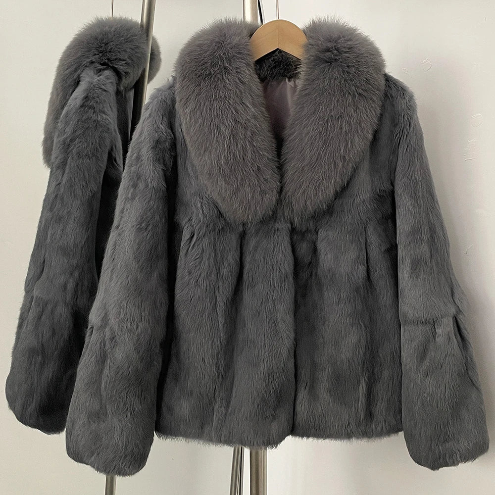 OFTBUY Natural Rabbit Fur Coat Female New Thickened Warm Top Clothing Women Fashion Fluffy Real Fox Fur Collar Jacket Lady
