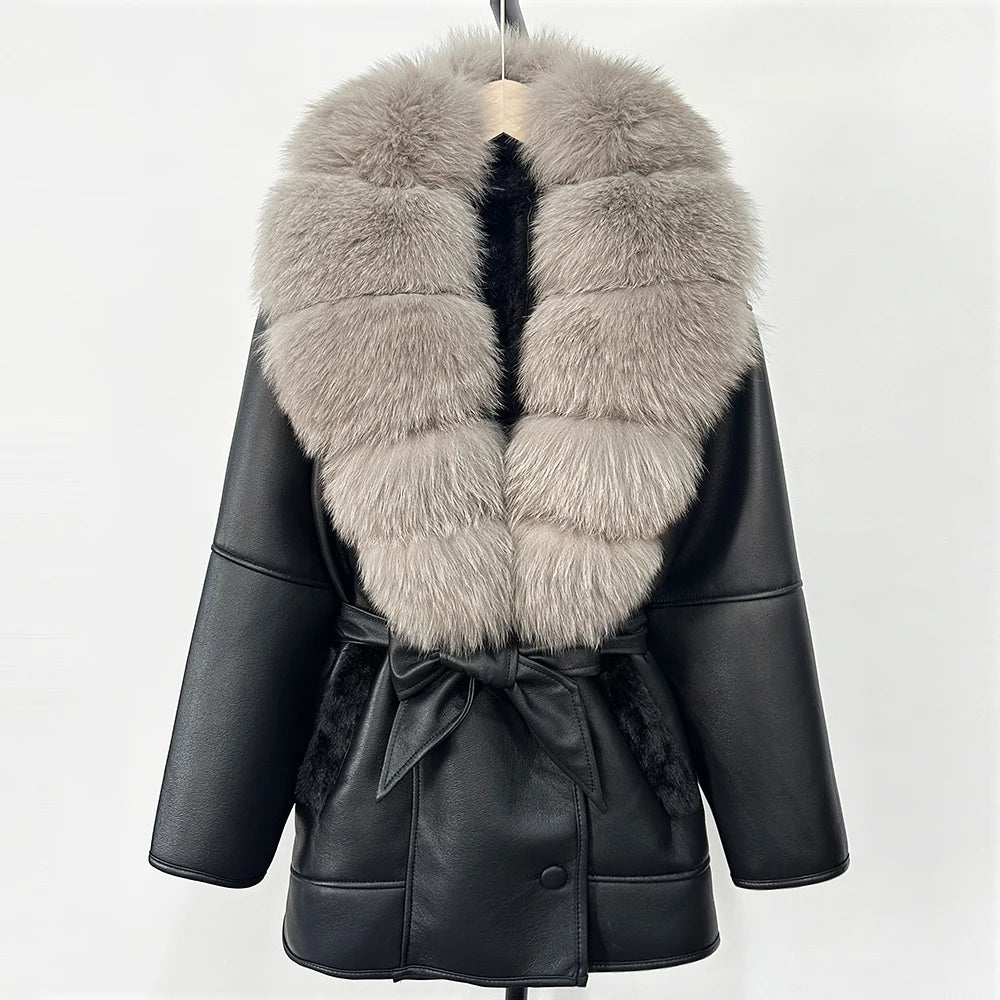 OFTBUY Large Natural Fox Fur Coat New Women Thick Warm Retro Faux Lamb Fur Jacket Belt Winter Female Parkas Outwear