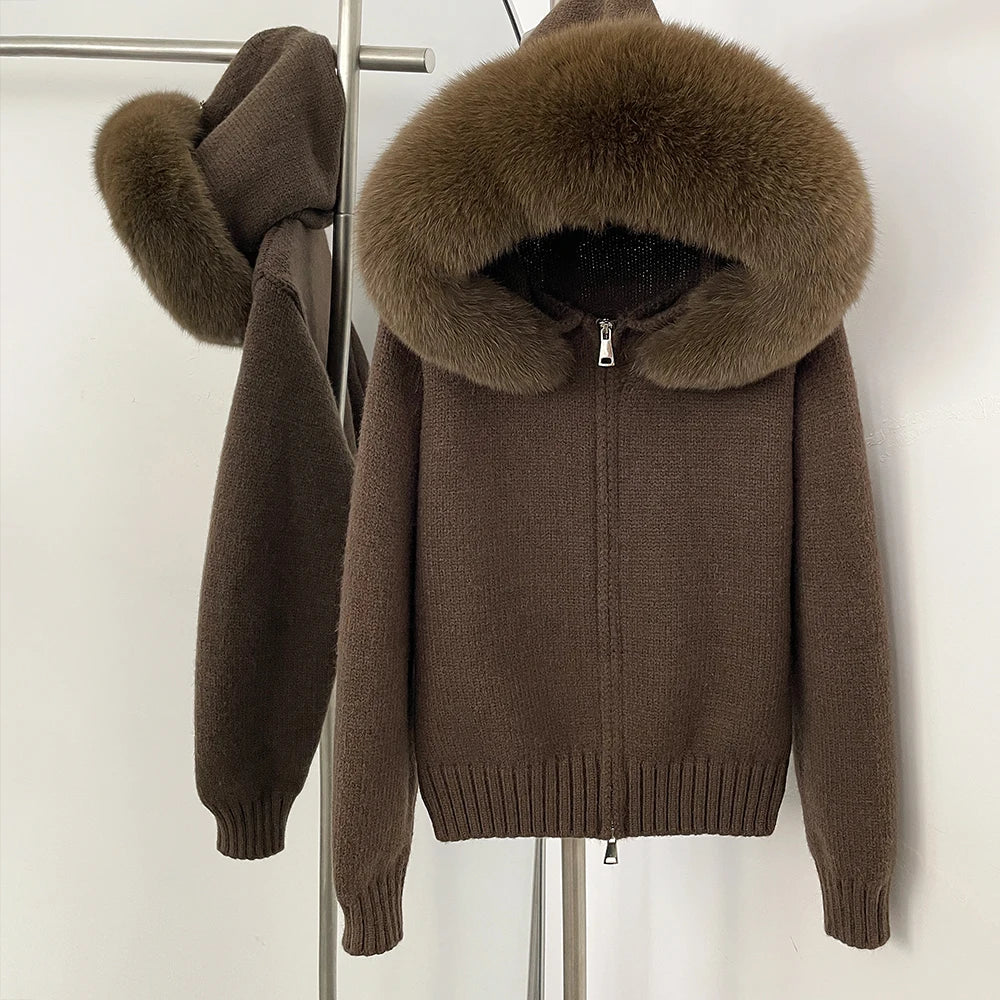 OFTBUY Luxury Knitted Zip-Up Hoodie with Oversized Real Fox Fur Hood - Premium Apres-Ski Luxe Loungewear