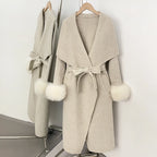 OFTBUY Belt Real Fox Fur Cuffs Elegant Warm Winter Outerwear lady New Women's Long Double-Faced Wool Coat Oversized Lapel Collar