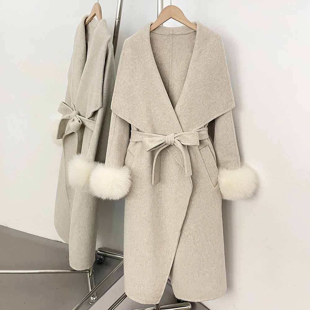OFTBUY Belt Real Fox Fur Cuffs Elegant Warm Winter Outerwear lady New Women's Long Double-Faced Wool Coat Oversized Lapel Collar