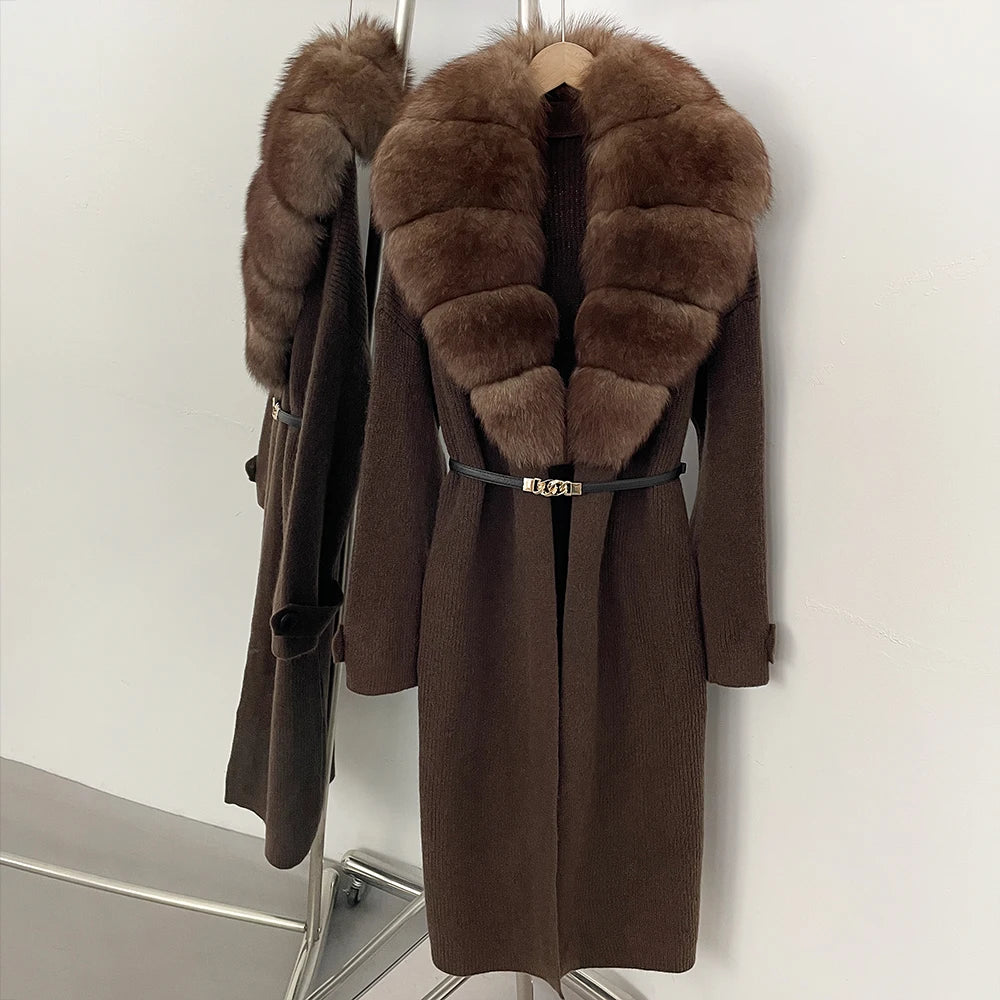 OFTBUY Warm Winter Elegant Fashion knit Outerwear female New Women's Knit Long Coat with Large Real Fox Fur Collar Belted Waist