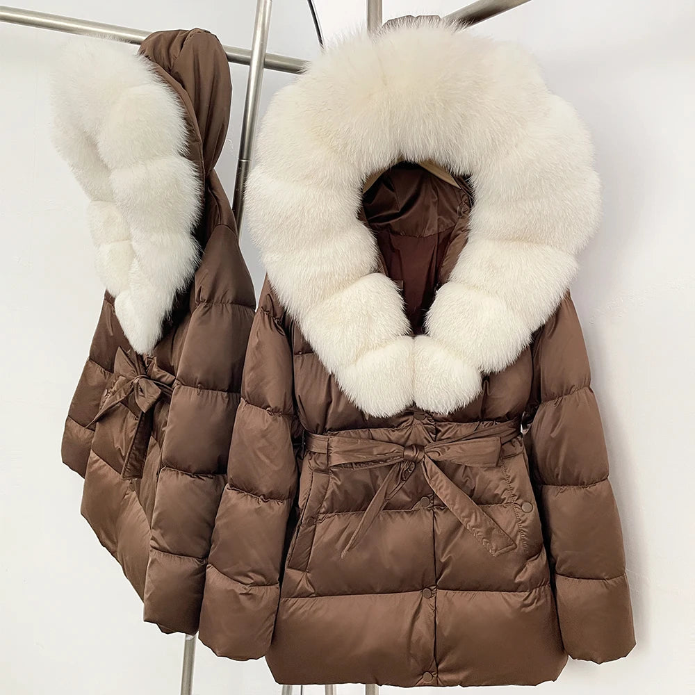 OFTBUY New Women's Duck Down Jacket with Large Real Fox Fur Hood Belted Waist Warm Winter Puffer Coat Lady Luxury Outerwear