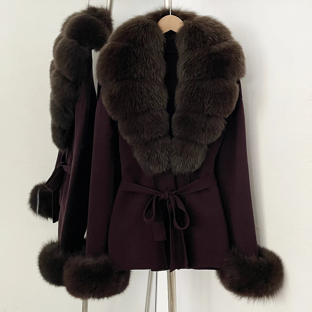 OFTBUY New Women's Knit Cardigan with Real Fox Fur Collar and Cuff Belt Luxury Coat Warm Autumn Fashion Outerwear Sweater Female