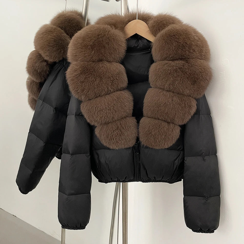 OFTBUY New Puffer Jacket Women with Large Natural Fox Fur Collar Short Fluffy Thick Parkas Female 90% White Duck Down Coat Lady