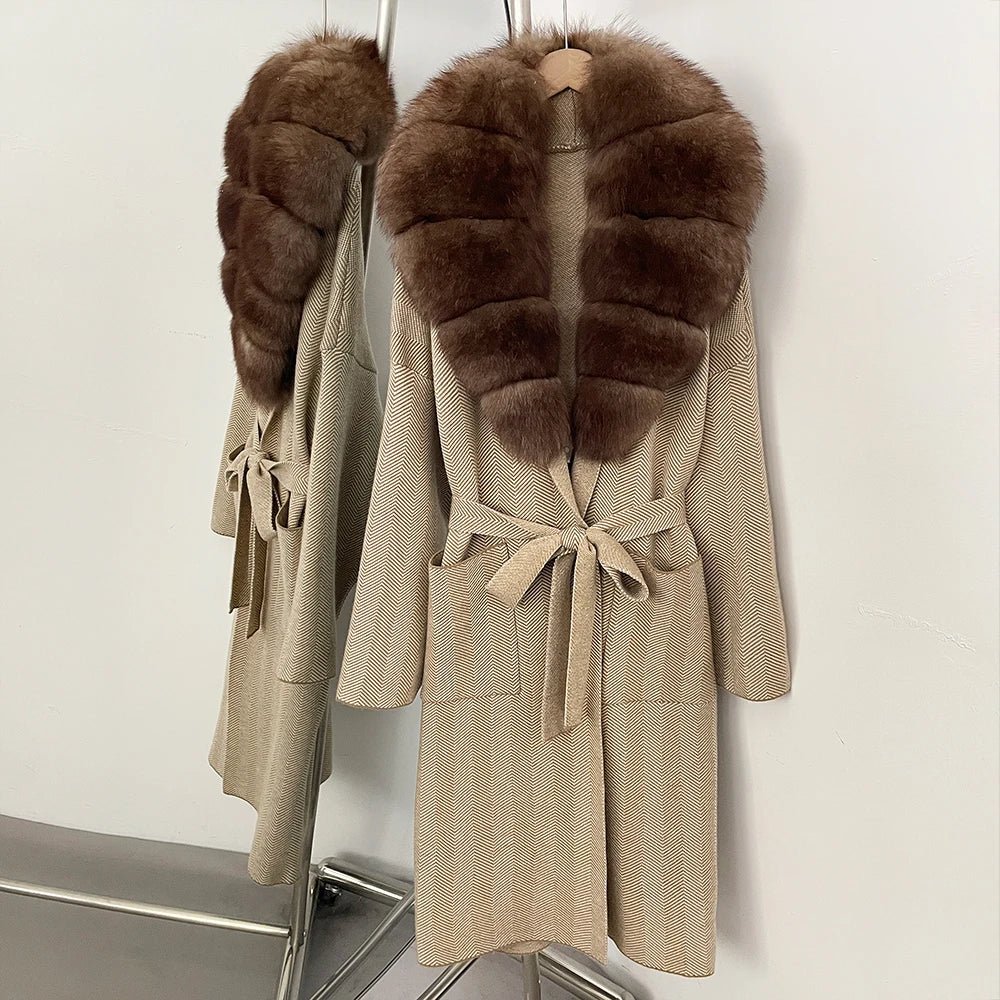 OFTBUY New Women's Knit Coat with Large Real Fox Fur Collar Belted Cardigan Female Winter Elegant Outerwear Warm Long Coat Lady