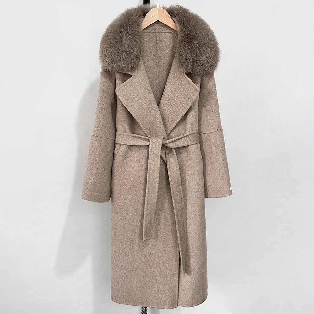 OFTBUY New Autumn Winter Long Clothing Women Fashion Warm Wool Coat with Real Fox Fur Collar Belt Elegant Woolen Jcacket Female