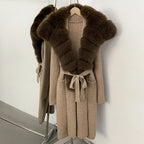 OFTBUY New Natural Fur Collar Long Knit Jacket Women Atrumn Winter Top Clothing Female Fashion Warm Belt Real Fox Fur Cardigan