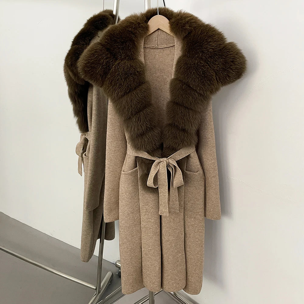 OFTBUY New Natural Fur Collar Long Knit Jacket Women Atrumn Winter Top Clothing Female Fashion Warm Belt Real Fox Fur Cardigan