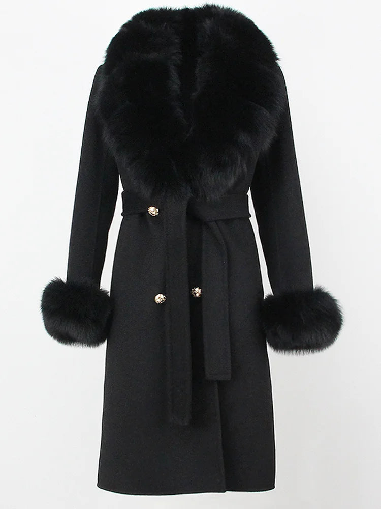 OFTBUY Winter Jacket Women Long Natural Wool Blends Cashmere Real Fur Coat Double Breasted Belt Warm Streetwear New Fashion
