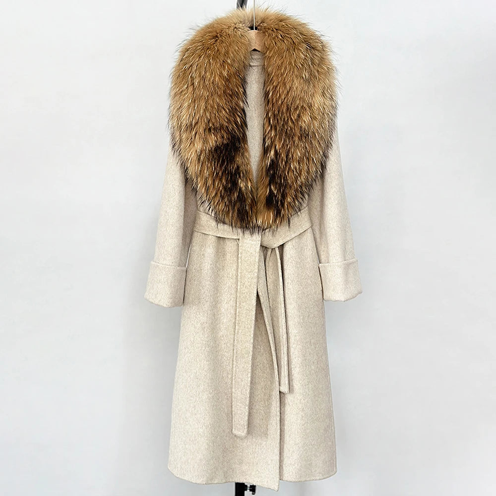 OFTBUY Long Belt 100% Wool Coat with Real Fox Fur Collar Warm Natural Fur Woolen Jacket Female New Autumn Winter Clothing Women