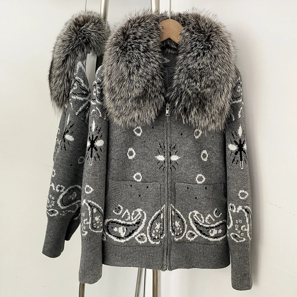 OFTBUY Women's Vintage Real Fox Fur Collar Knit Cardigan Paisley Print Zip Up Sweater Jacket Female Warm Winter Luxury Outerwear