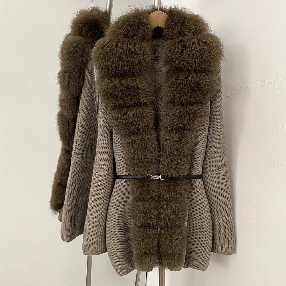 OFTBUY Metal Belt Knit Warm Winter Luxury Fashion Outerwear Sweater Cardigan New Women's Knit Coat with Full Real Fox Fur Front