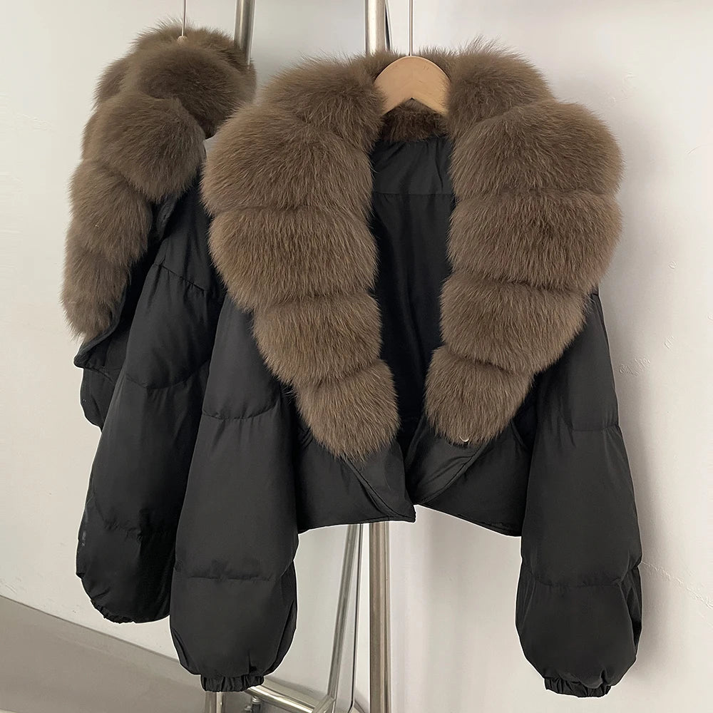 OFTBUY New Winter Real Fox Fur Short Puffer Jackets Women Natural Thick Warm 90% White Duck Down Cropped Loose Waterproof Coat