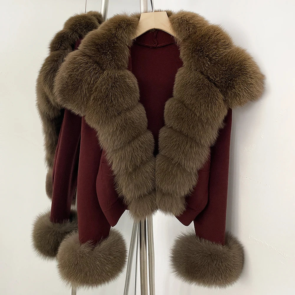 OFTBUY New Autumn Winter Knit Clothing Female Women's Short Cardigan with Big Real Fox Fur Collar Natural Fur Warm Sweater Lady