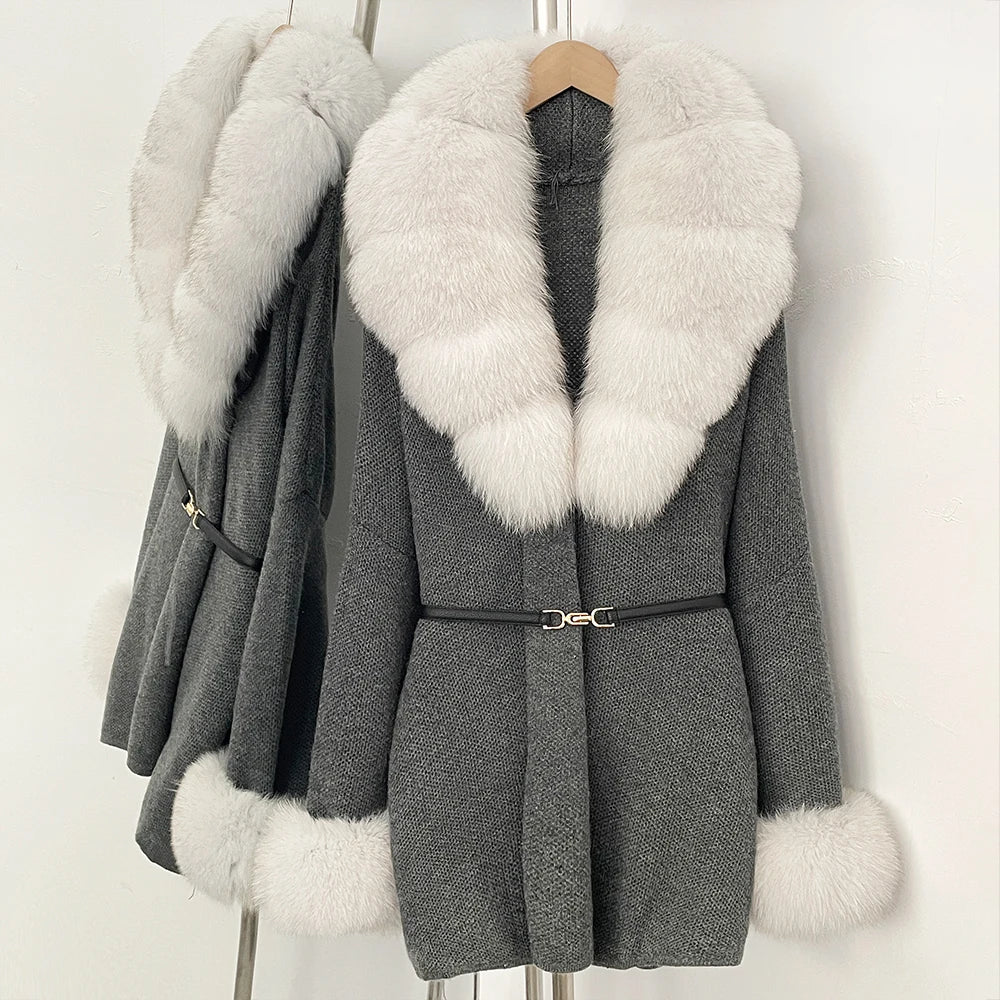 OFTBUY Belt Knit Warm Winter Luxury Casual Fashion Outerwear Sweater Female New Women's Knit Coat with Large Real Fox Fur Collar