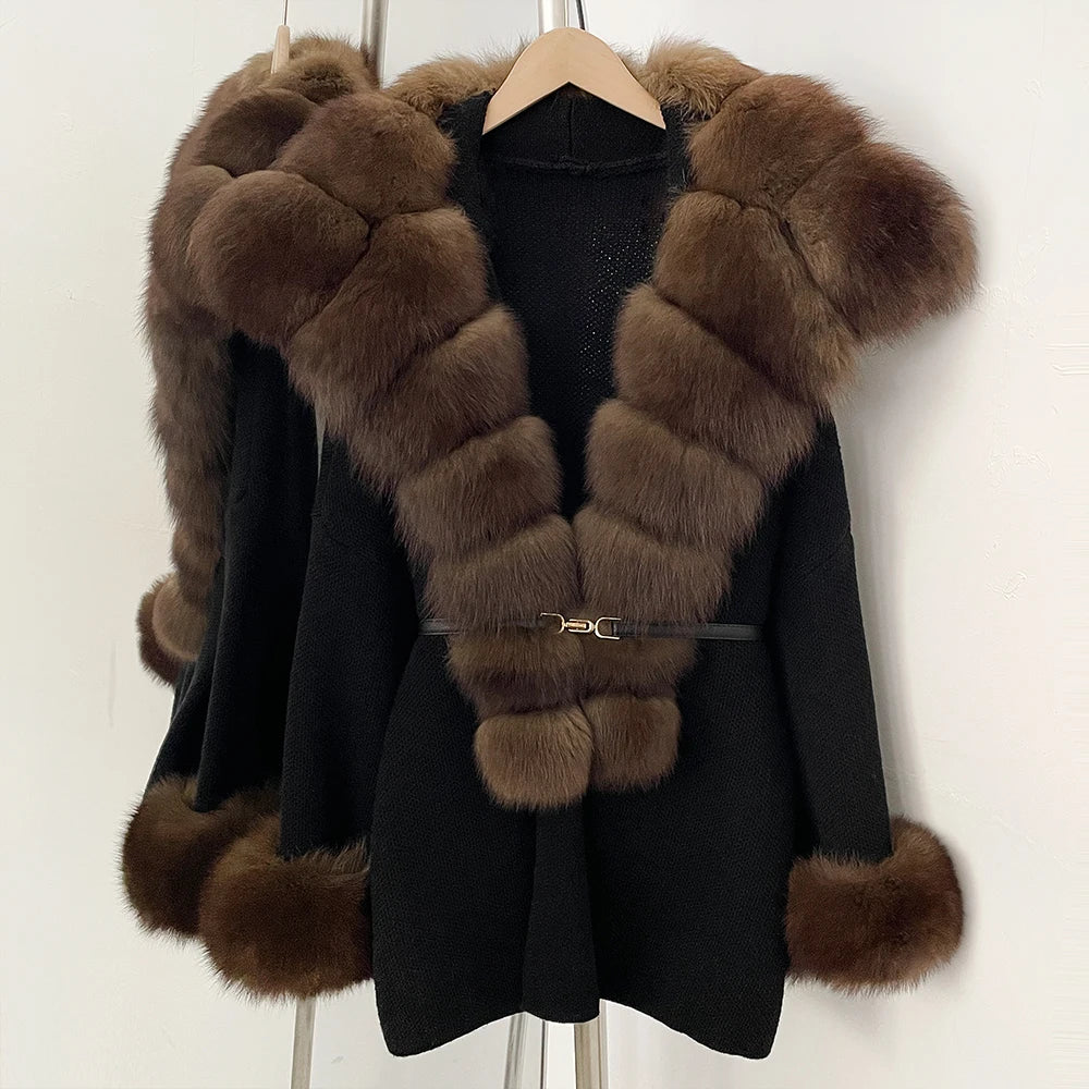 OFTBUY Belt Loose Fit Warm Winter Fashion Outerwear Natural Fur Sweater Female New Women's Knit Coat with Large Real Fox Fur