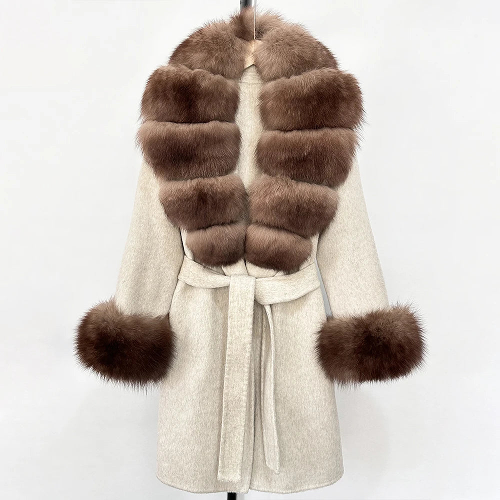 OFTBUY New Autumn Winter Top Clothes Women Belt Natural Fur Wool Coat Female Fashion Warm Woolen Jacket with Real Fox Fur Collar