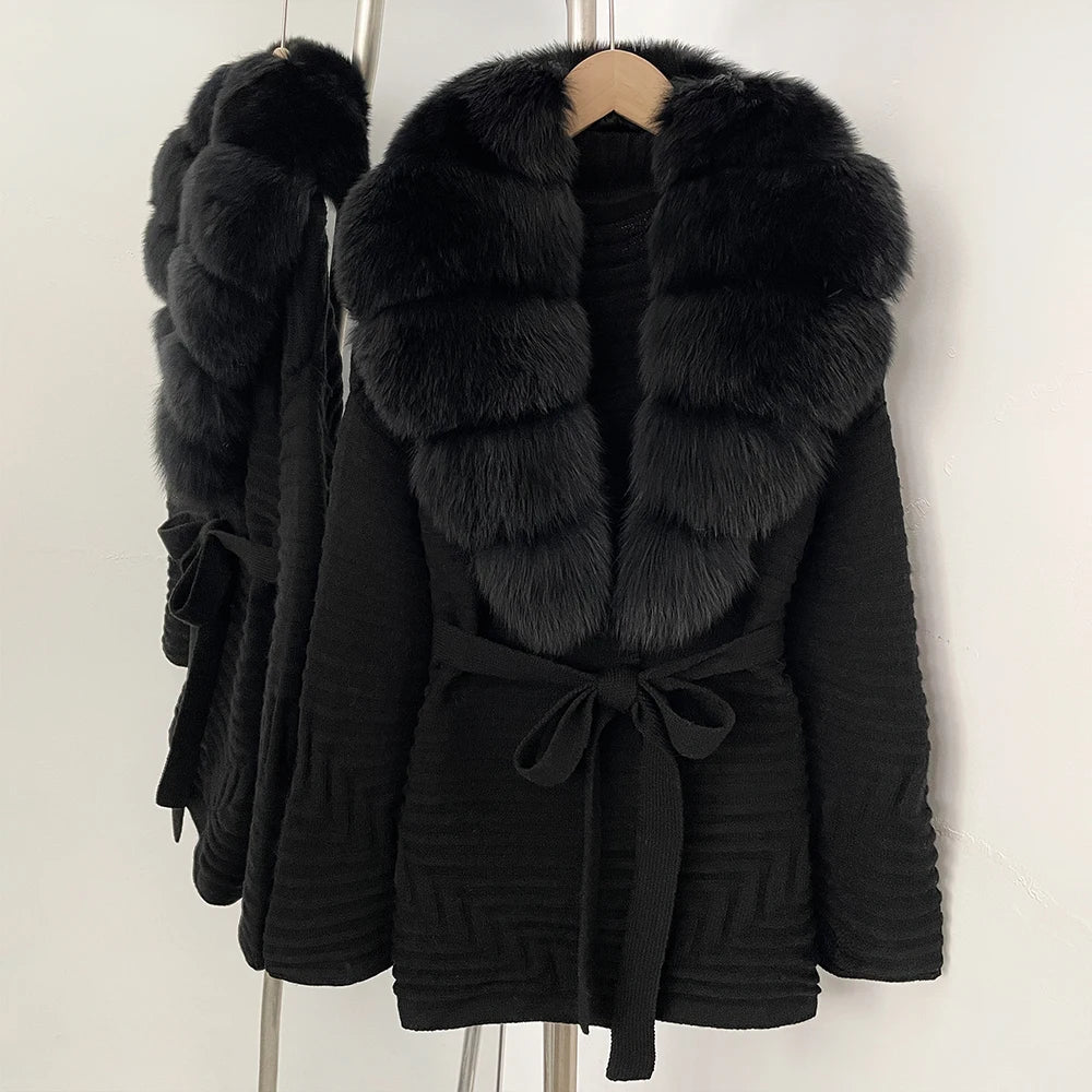 OFTBUY New Women's Knit Coat with Large Real Fox Fur Collar Belted Waist Striped Texture Pockets Winter Luxury Elegant Outerwear