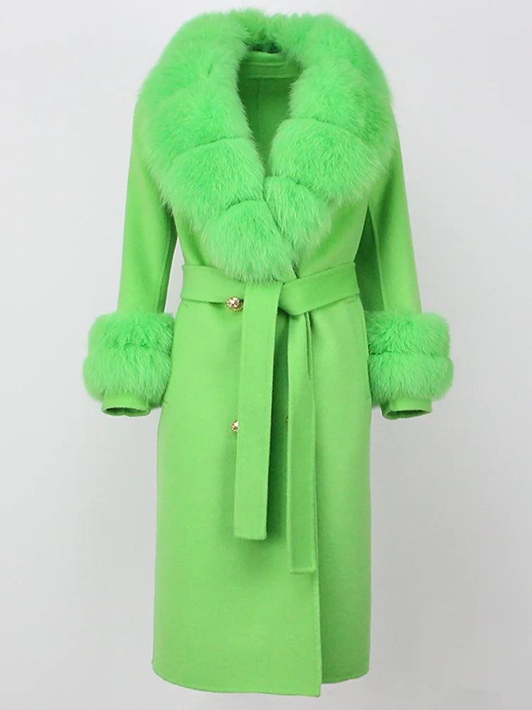OFTBUY Winter Jacket Women Long Natural Wool Blends Cashmere Real Fur Coat Double Breasted Belt Warm Streetwear New Fashion