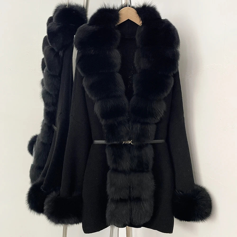 OFTBUY Belt Textured Knit Warm Winter Luxury Outerwear Female Sweater Cardigan New Women's Knit Coat with Large Real Fox Fur