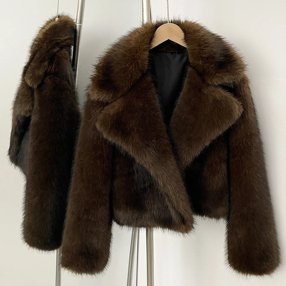 OFTBUY Autumn Winter Clothes Women Fashion Short Faux Fur Jacket Suit Collar Fake Fur Coat Long Sleeve Artificial Fox Fur Overcoat