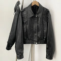 OFTBUY New Vintage Biker Outerwear Female Women's Black Faux Leather Cropped Bomber Jacket PU Aviator Coat with Elastic Hem
