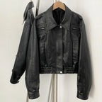 OFTBUY New Vintage Biker Outerwear Female Women's Black Faux Leather Cropped Bomber Jacket PU Aviator Coat with Elastic Hem