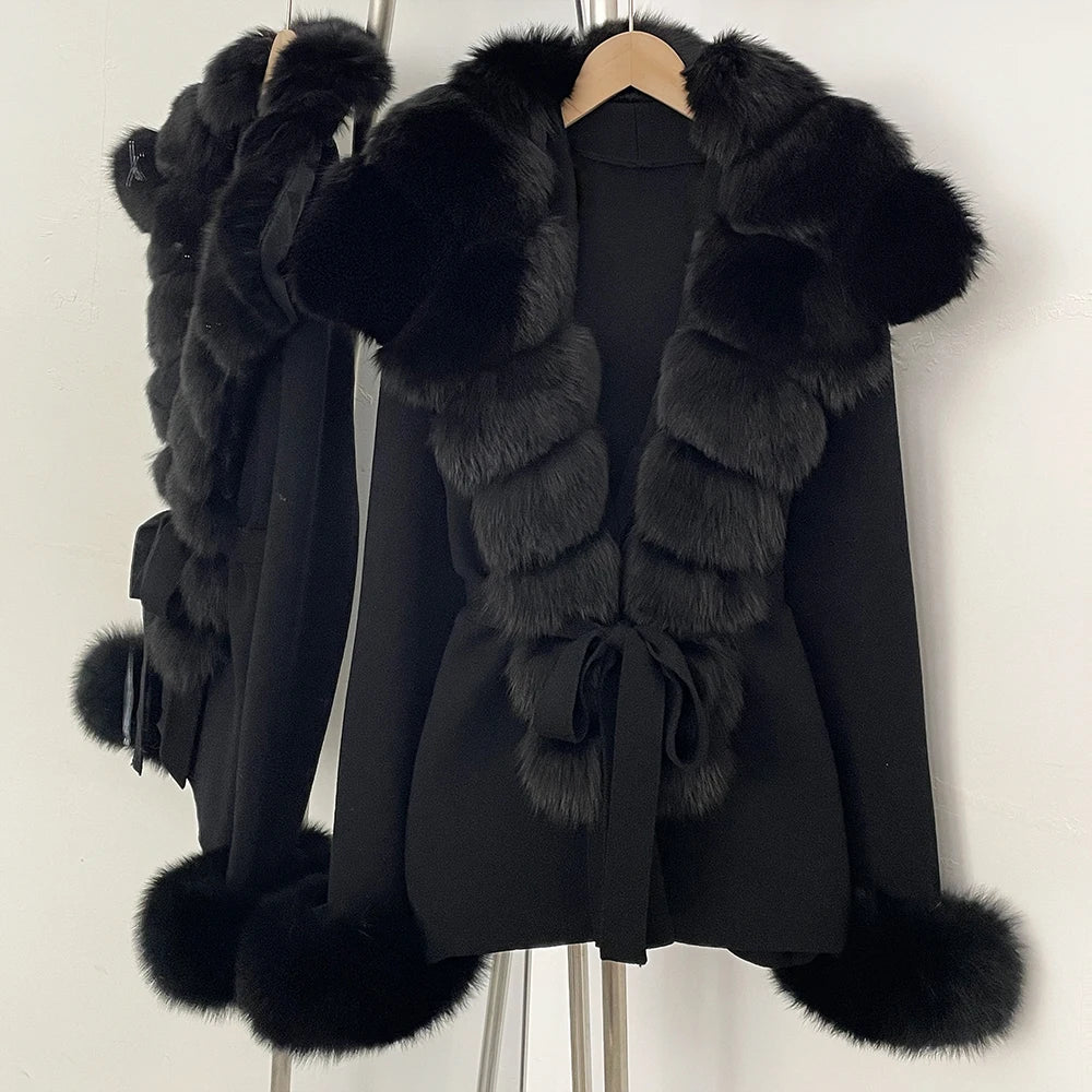 OFTBUY cardigan women Sweater Female New Women's Knit Coat with Real Fox Fur collar Belt Luxury Warm Winter Fashion Outerwear