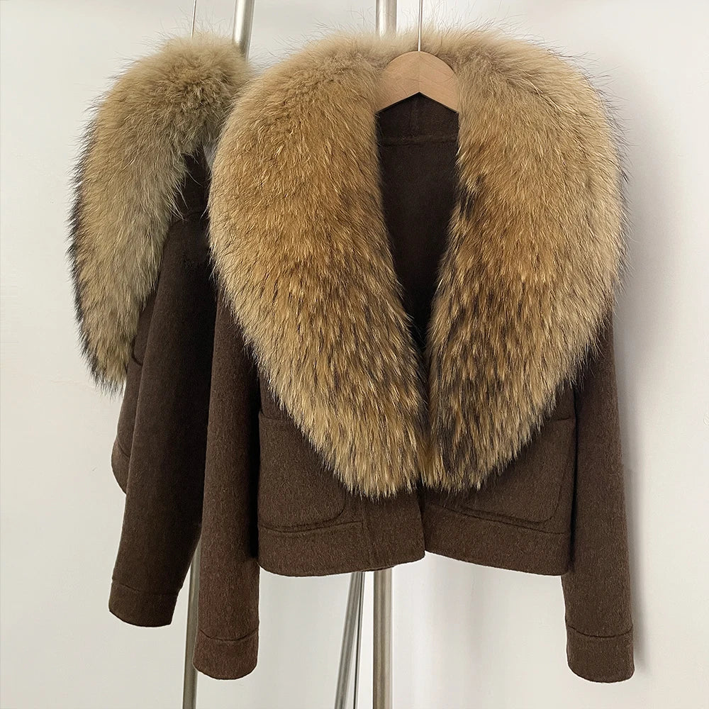 OFTBUY Fashion Short Warm Wool Coat with Real Fox Fur Collar New Autumn Winter Clothes Women Luxury Woolen Jacket Outerwear