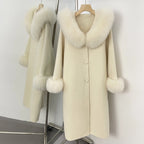 OFTBUY Pompoms Buttons Warm Winter Elegant Outerwear Female New Women's Double Face Wool Coat with Large Real Fox Fur Collar