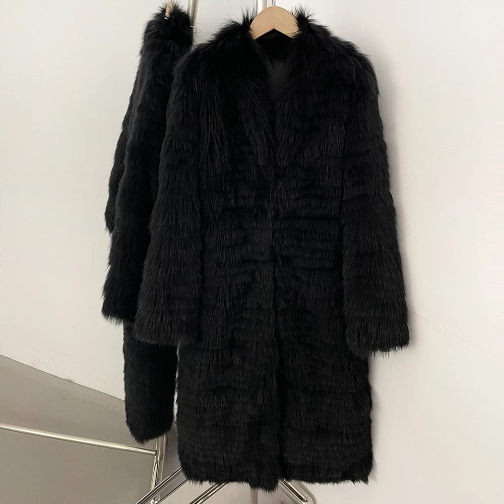 OFTBUY Women's Luxury Black Real Fox Fur Mid-Length Coat Natural Fur Jacket Female New Thick Warm Winter Outerwear for Cold Weather