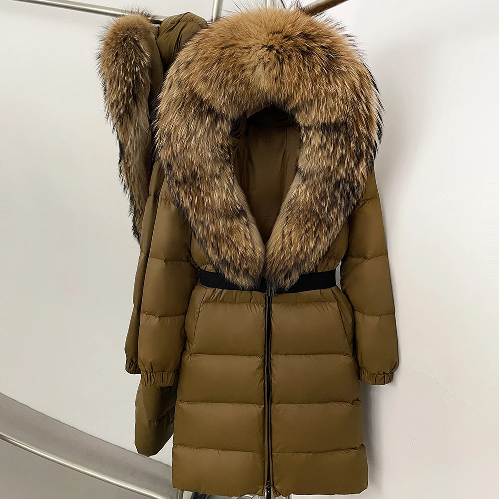 OFTBUY New Natural Thick Warm Duck Down Coat Female Long Winter Jacket Women Real Big Fox Fur Collar Belt Loose Puffer Parka