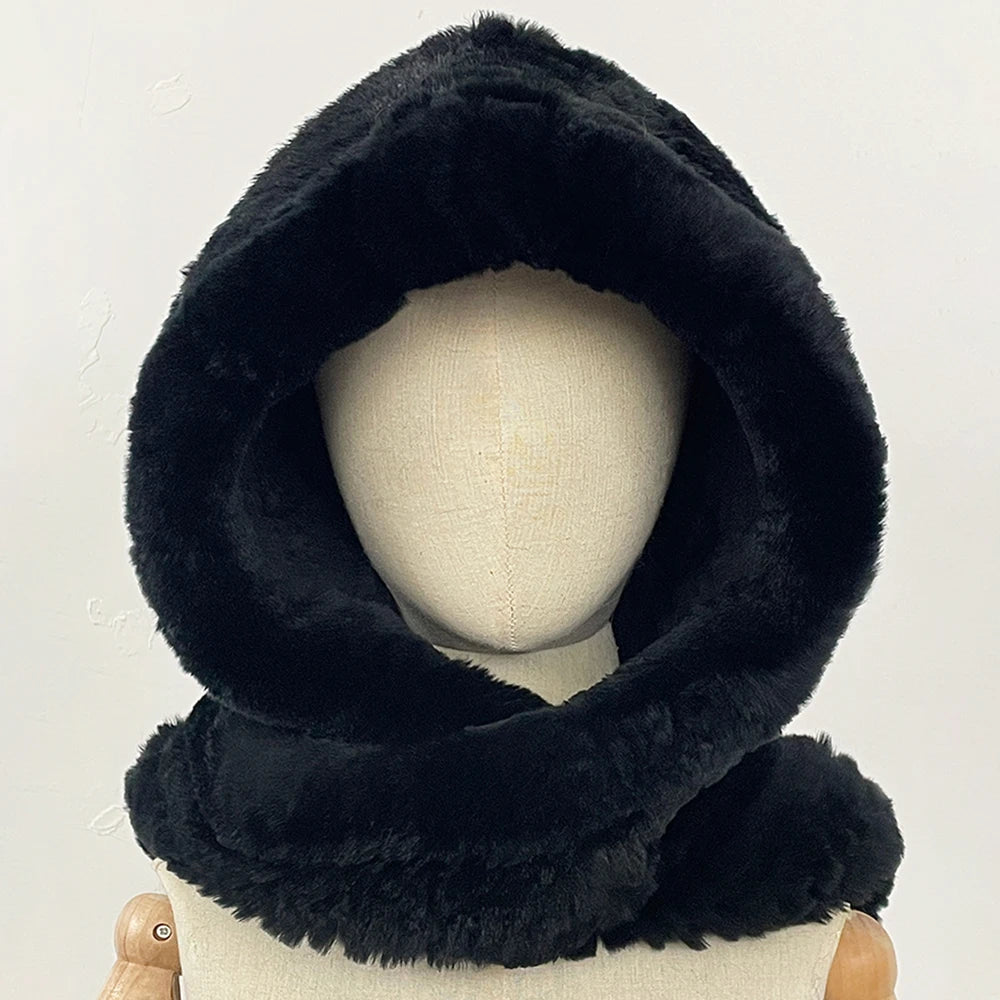 OFTBUY Thick Warm Windproof Natural Rabbit Fur Hat with Scarf Women New Winter Cute Cycling Cap Child Fluffy Rea Fur Neckerchief