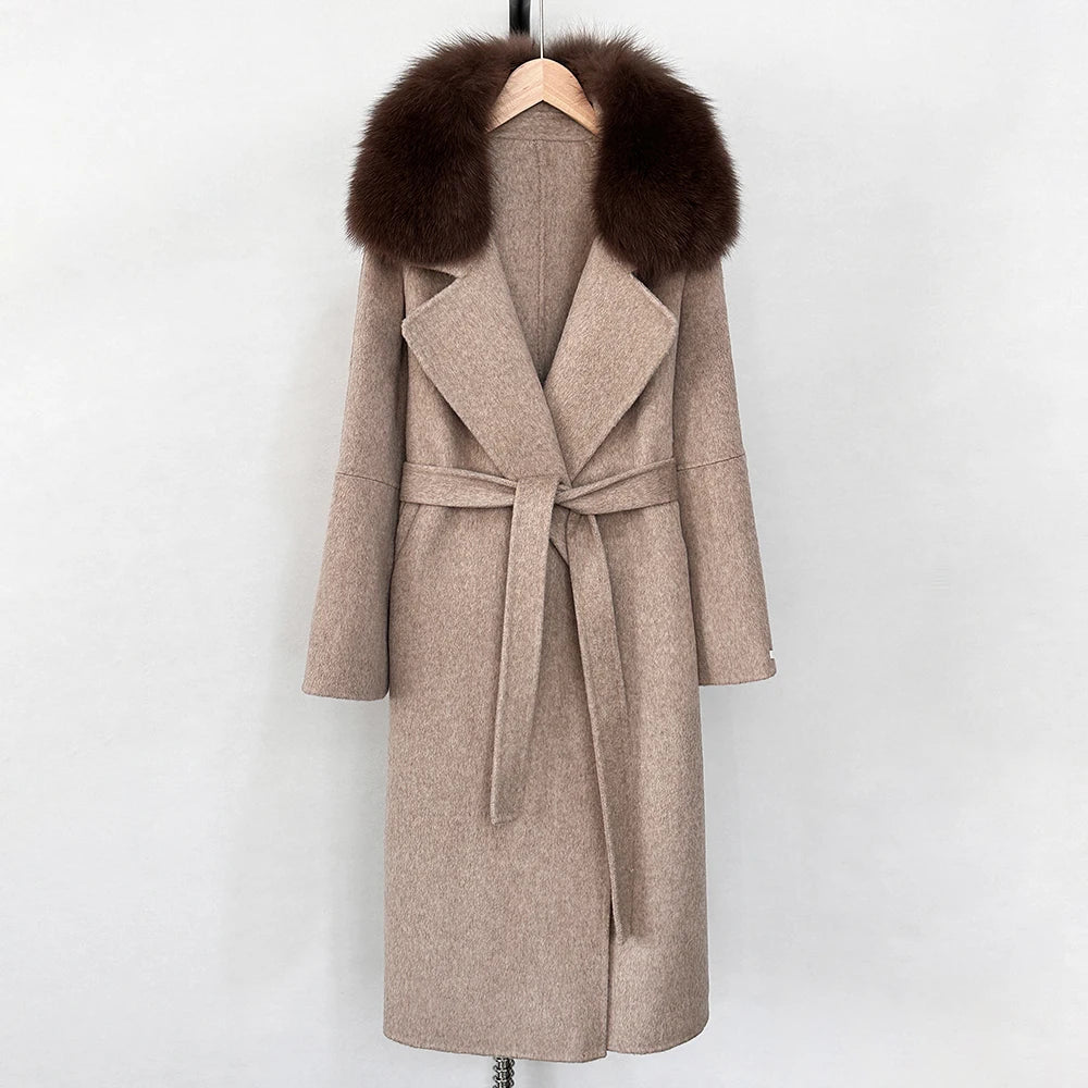 OFTBUY New Autumn Winter Long Clothing Women Fashion Warm Wool Coat with Real Fox Fur Collar Belt Elegant Woolen Jcacket Female