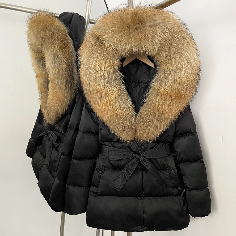 OFTBUY New Women's Duck Down Jacket with Large Real Fox Fur Hood Belted Waist Warm Winter Puffer Coat Lady Luxury Outerwear