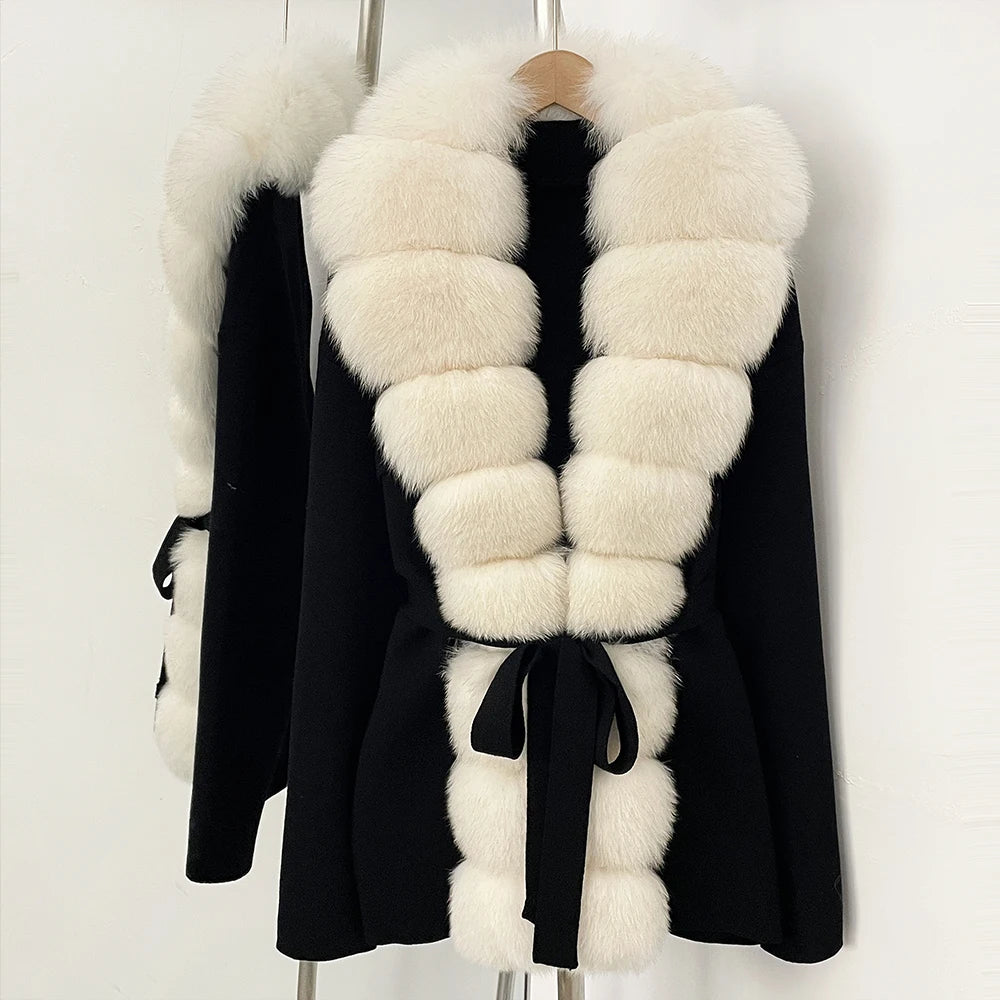 OFTBUY Luxury Warm Winter Fashion Outerwear New Women's Knit Cardigan with Oversized Real Fox Fur Trim Self-Tie Belt Sweater