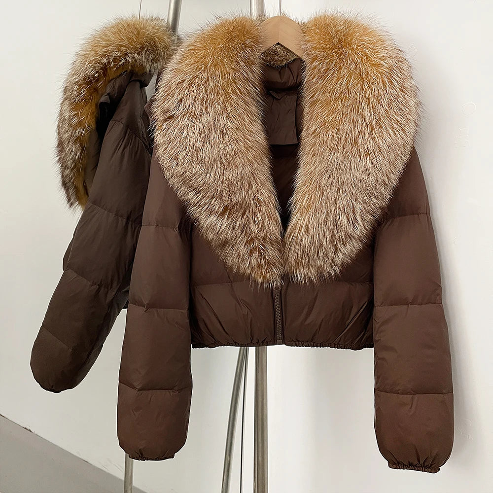 OFTBUY New Puffer Jacket Women with Large Natural Fox Fur Collar Short Fluffy Thick Parkas Female 90% White Duck Down Coat Lady